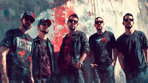 Rock band group portrait in bold painted street style.