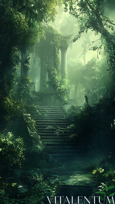 Verdant overgrown stairway to neoclassical jungle ruins.