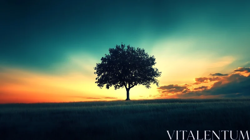 Solitary tree silhouette under hyper-saturated sunset gradient.
