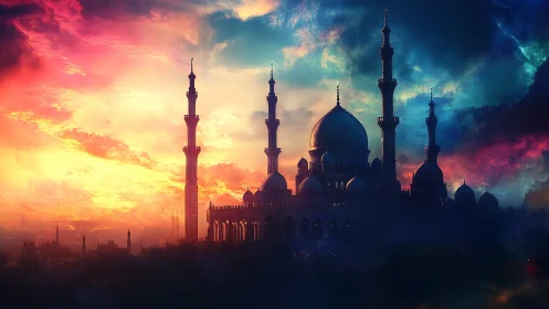 Silhouette of grand mosque under vivid sunset sky.