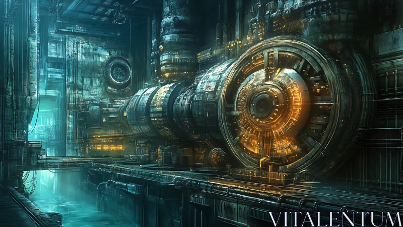 Colossal cyberpunk reactor dominates flooded industrial chamber