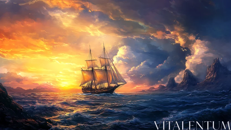 Golden sunset ship sails warmly toward the glowing horizon