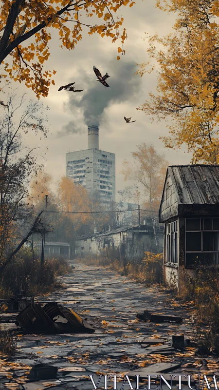 Quiet autumn street meets distant smokestack and circling birds