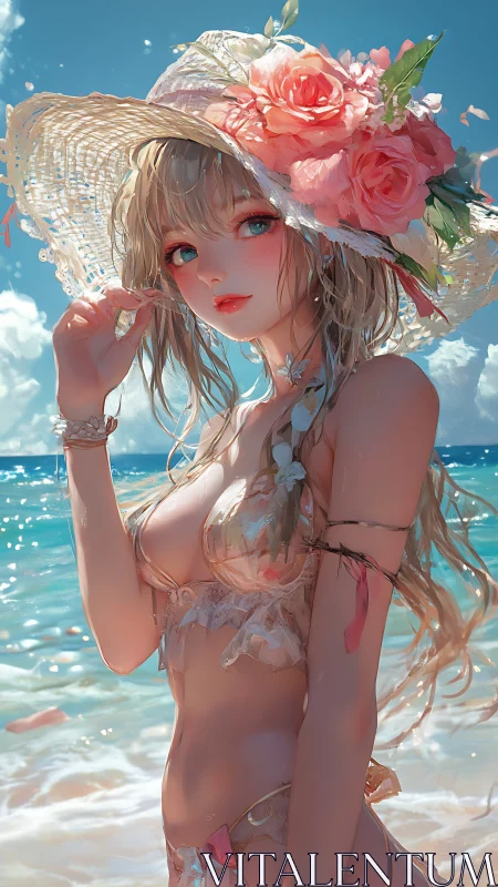 Anime beach girl in floral sunhat under bright summer sky.