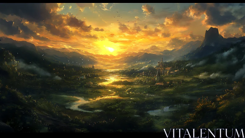 Sunlit valley landscape with distant village and mountains.