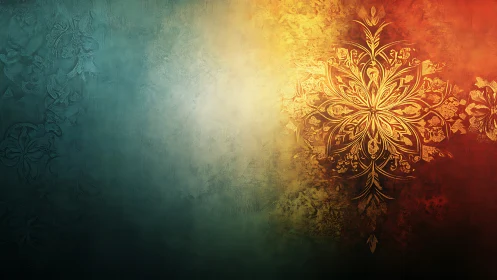 Ornate gold mandala blooms over teal to amber gradient