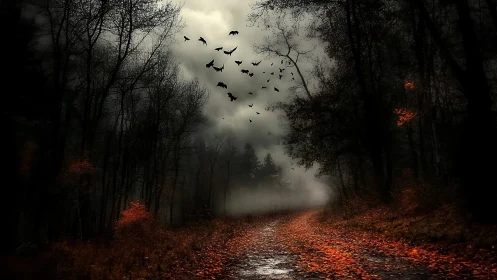 Crows in flight over misty autumn forest trail at dusk.