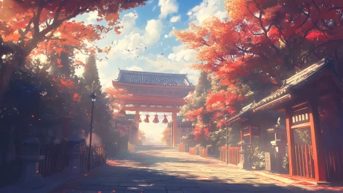 Digital rendering depicts temple gate framed by autumn trees