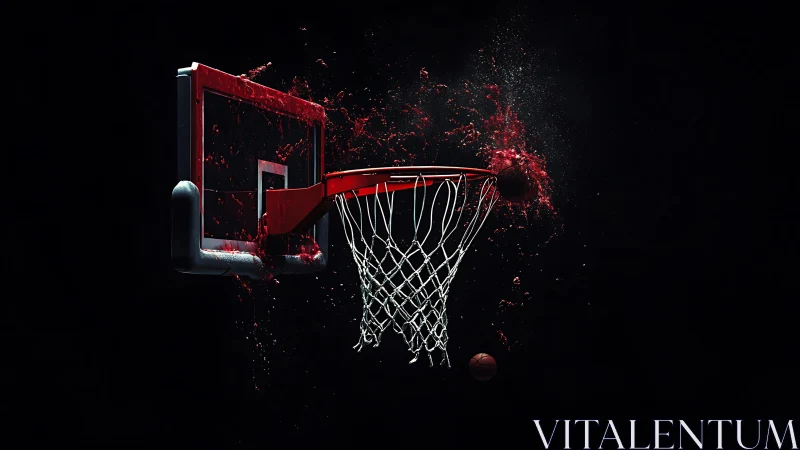 3D sports render of dynamic basketball hoop impact scene.
