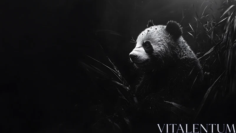 Black and white panda portrait in dense bamboo foliage.