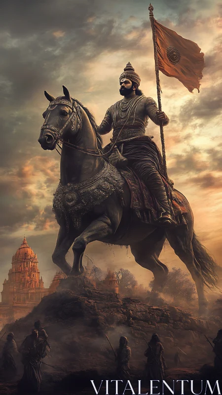 Storm-lit warrior king astride a bannered warhorse. Period.