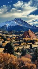 Snowy mountain above autumn valley and red rock cliffs.