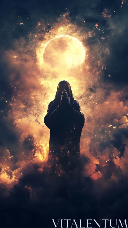 Mystic robed figure prays calmly beneath a burning cosmic moon