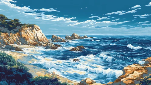 Rocky coastline with waves under clear blue sky.