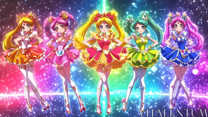 Prismatic magical girls ignite a candy-nebula starlight runway.