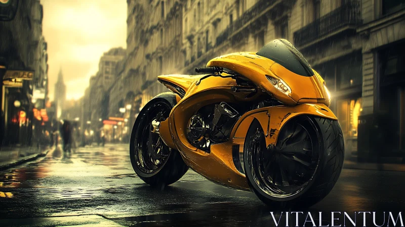 Futuristic yellow motorcycle stands on wet urban street