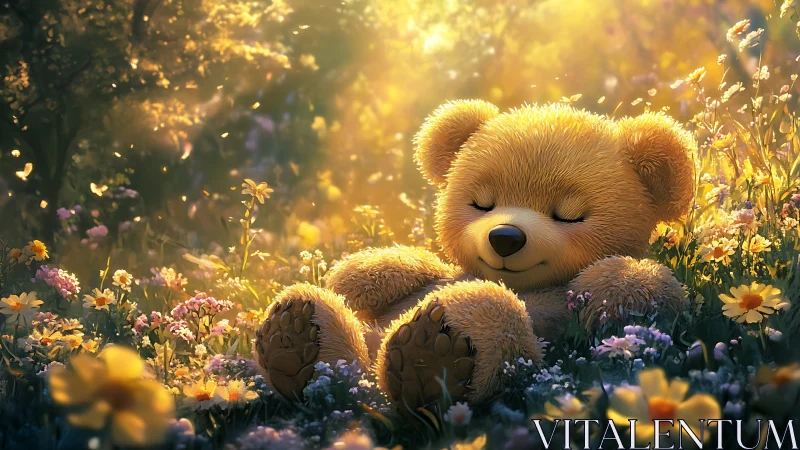 Sleepy teddy bear dreaming in a golden flower meadow.