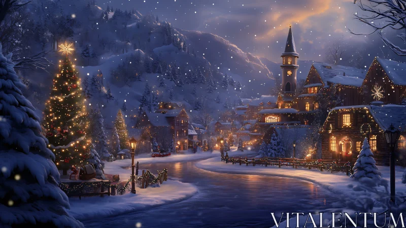 Snowy Christmas village with glowing tree and river at dusk.