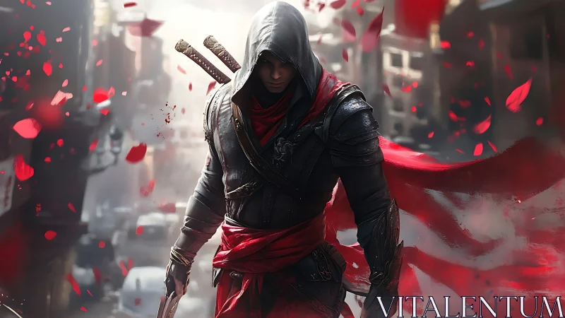 Hooded rogue warrior in crimson cloak, digital painting focus.