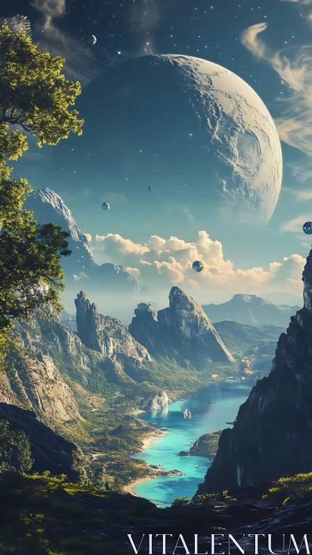 Orbital planet vista above crystalline river valley landscape