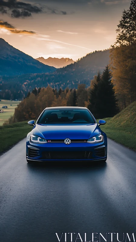 Blue performance hatchback advances along wet alpine road at dusk