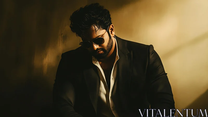 Cinematic low key portrait of man in suit and sunglasses.