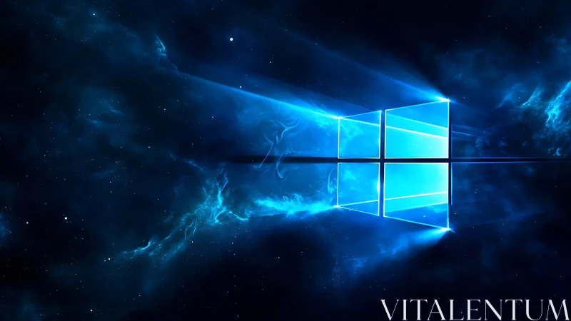 Glowing blue window logo in deep outer space scene.