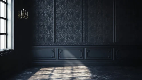 Dark neoclassical interior with window light and ornate panels