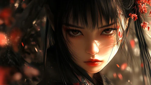 Intense close-up of dark-haired woman with red accents.