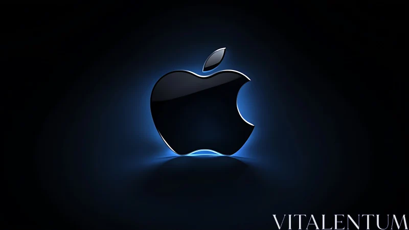 Glossy black apple emblem with blue rim lighting on black
