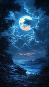 Moonlit seascape shows rocky shoreline under dense clouds