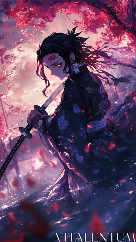 Sword-wielding warrior under pink blossoms at dusk.