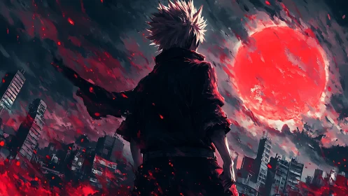 Lone anime warrior confronts a burning red apocalypse sky