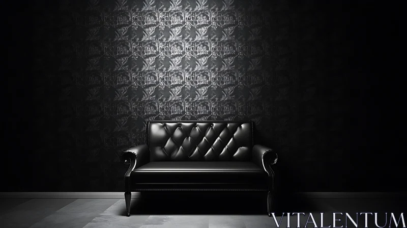 Luxurious black leather sofa in dramatic spotlighted interior.