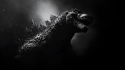 Monochrome kaiju profile in dramatic rim-lit silhouette.