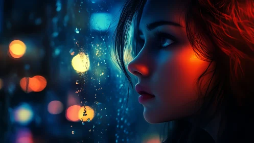 Neonlit female profile beside rain streaked window at night.