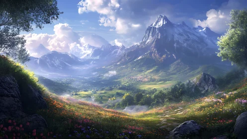 Snowcapped peak above sunlit valley and wildflower meadow.