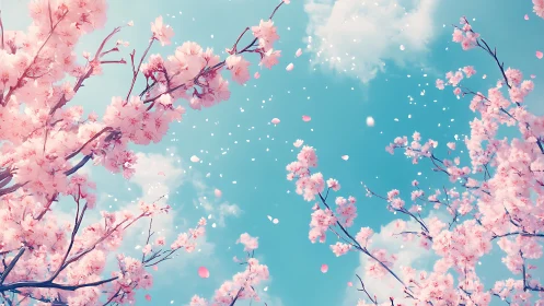 Pink blossoms cascade against turquoise sky.