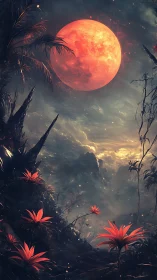 Red lunar body over dark landscape with luminous flora.