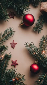Red ornaments rest amid evergreen branches in soft light