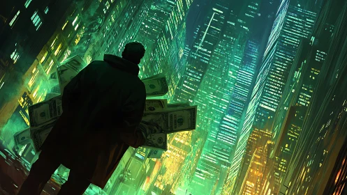 Man holding cash in neon city canyon at night perspective.