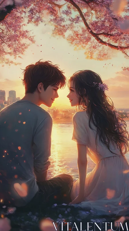 Sunset confessions beneath drifting cherry blossom constellations.