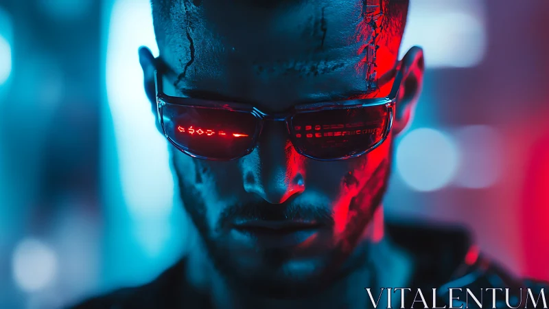 Cybernetic lone hacker framed in neon blue and red glow.