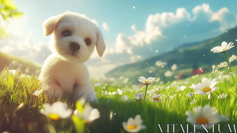 Diffuse-lit puppy in macro meadow depth-of-field study.