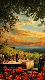 Sunset hillside dinner table glowing with flowers and wine.