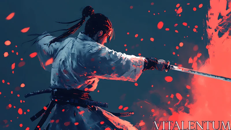 Samurai warrior swinging katana amid red embers in battle.