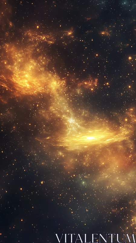 Stellar field with luminous golden nebula and dust clouds.