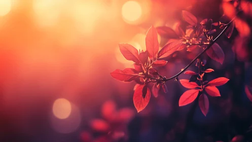 Red Foliage Backlit by Sunset Warmth and Bokeh.