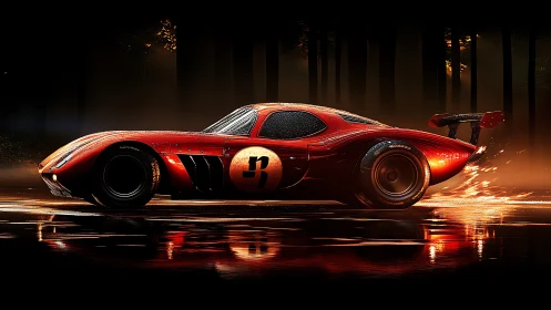 Midnight red racer slicing through a glowing forest road.