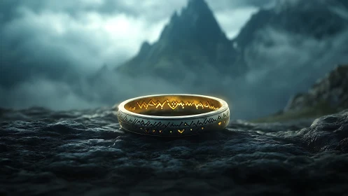 Gold ring with geometric engravings on rocky mountain ledge.